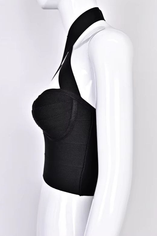 Woman wearing a figure flattering  Willow Bandage Crop Top - Classic Black BODYCON COLLECTION Pty Ltd
