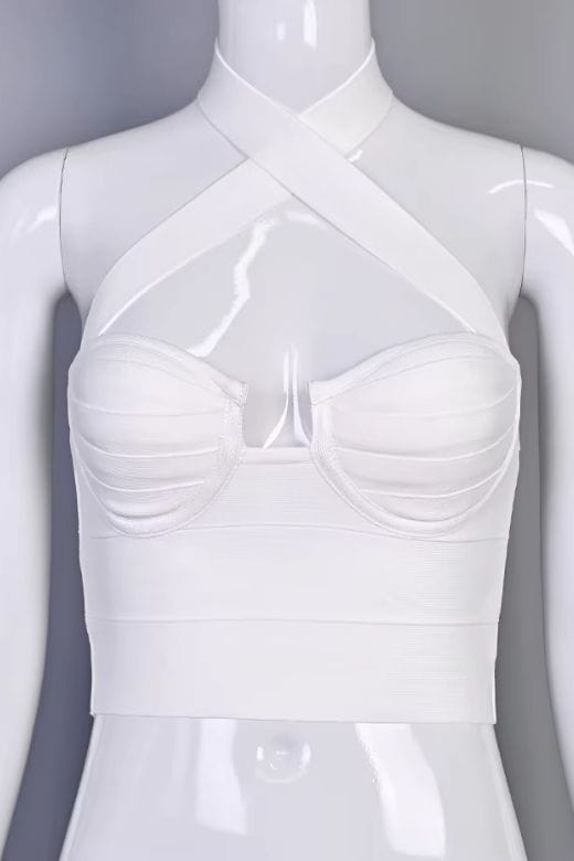 Woman wearing a figure flattering  Willow Bandage Crop Top - White Pearl BODYCON COLLECTION Pty Ltd