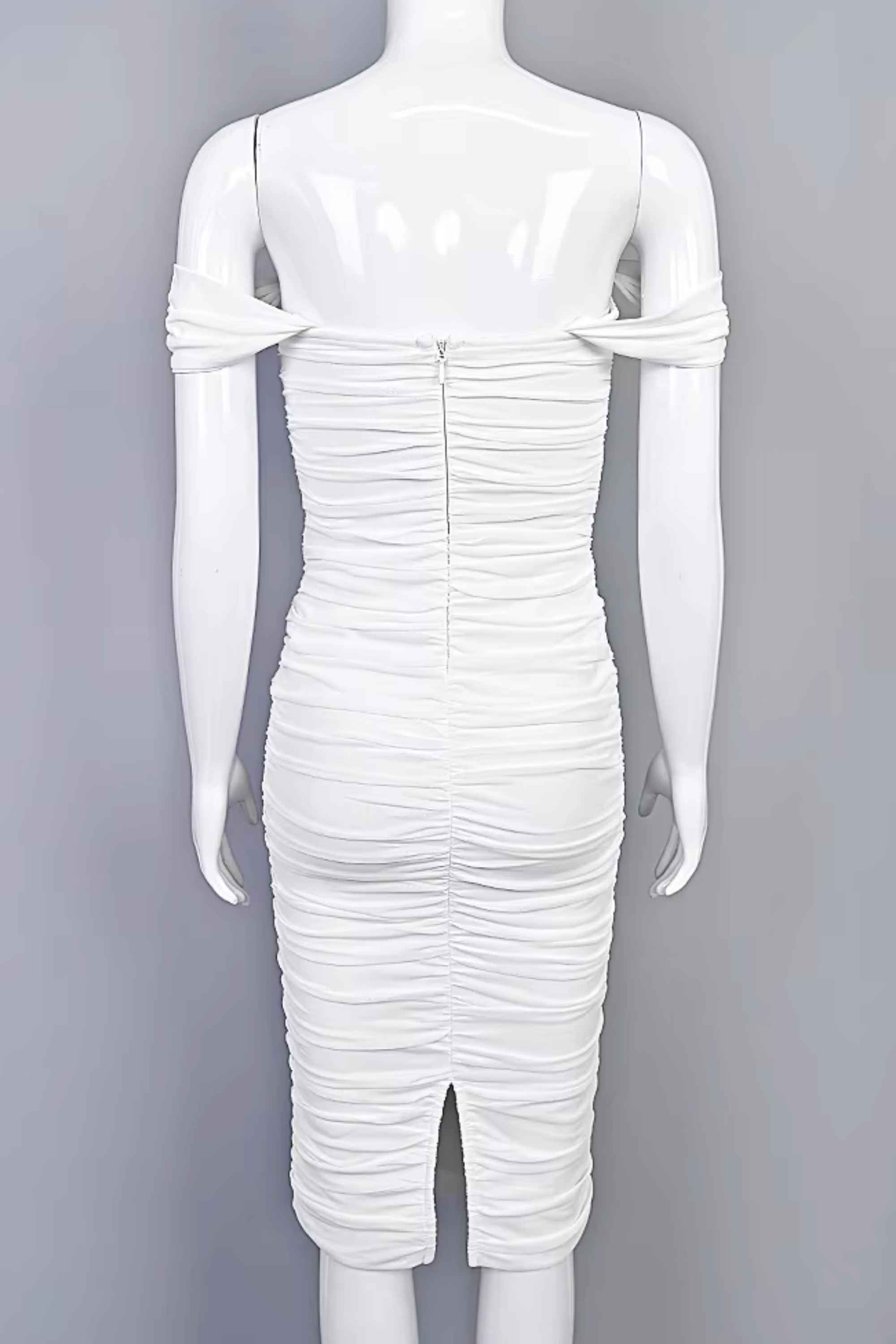 Woman wearing a figure flattering  Zia Bodycon Wrap Midi Dress - Pearl White Bodycon Collection