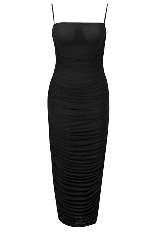 Woman wearing a figure flattering  Zoe Bodycon Wrap Maxi Dress - Classic Black Bodycon Collection
