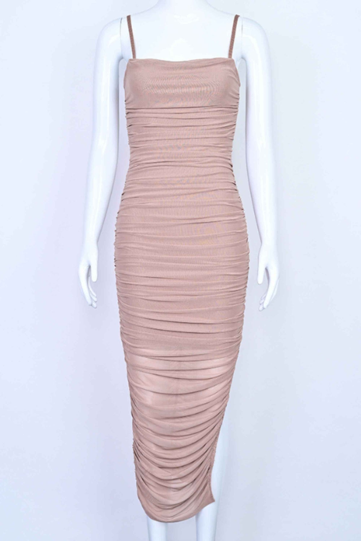 Woman wearing a figure flattering  Zoe Bodycon Wrap Maxi Dress - Tan Brown Bodycon Collection