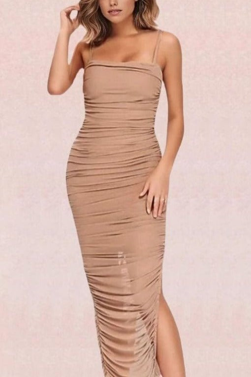 Woman wearing a figure flattering  Zoe Bodycon Wrap Maxi Dress - Tan Brown Bodycon Collection