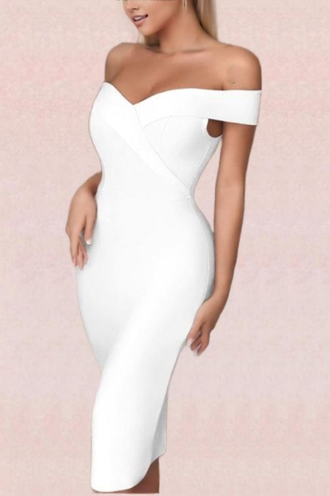 Woman wearing a figure flattering  Zoey Bandage Dress - Pearl White BODYCON COLLECTION